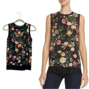 Theory Silk Floral Print Lewie Tank Top Ribbed Mesh Trim Black/Multi Botanical